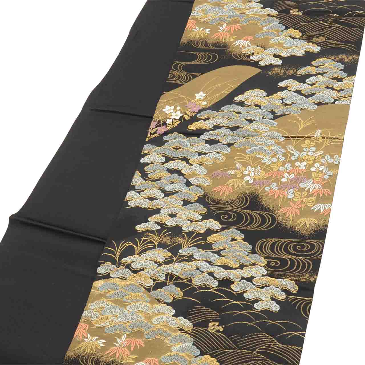 Vintage Japanese Obi | Fukuro Obi | Black Gold Silk | Distant Mountain Pine Pattern | Hikihaku | Formal | Sustainable | uu2753b