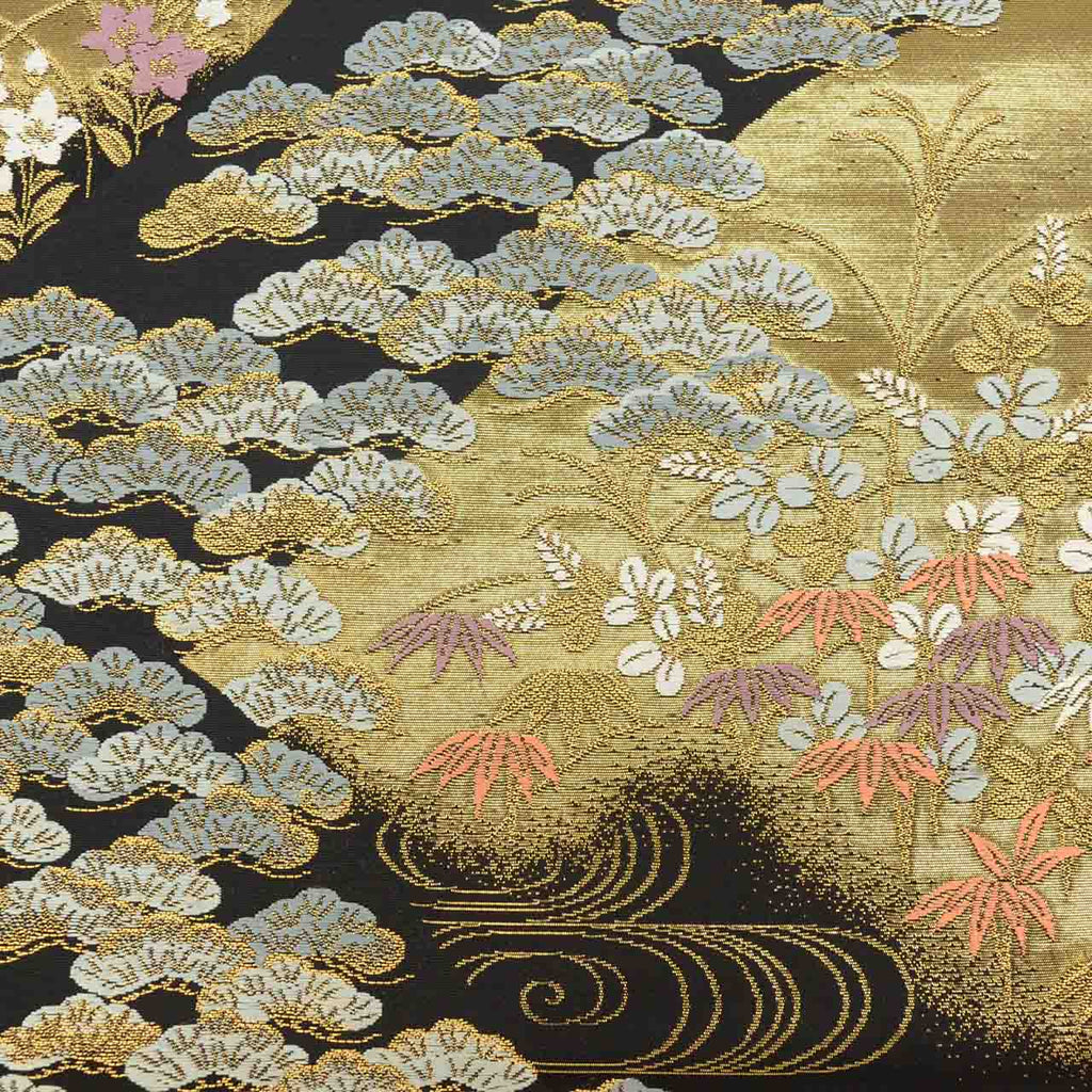 Vintage Japanese Obi | Fukuro Obi | Black Gold Silk | Distant Mountain Pine Pattern | Hikihaku | Formal | Sustainable | uu2753b