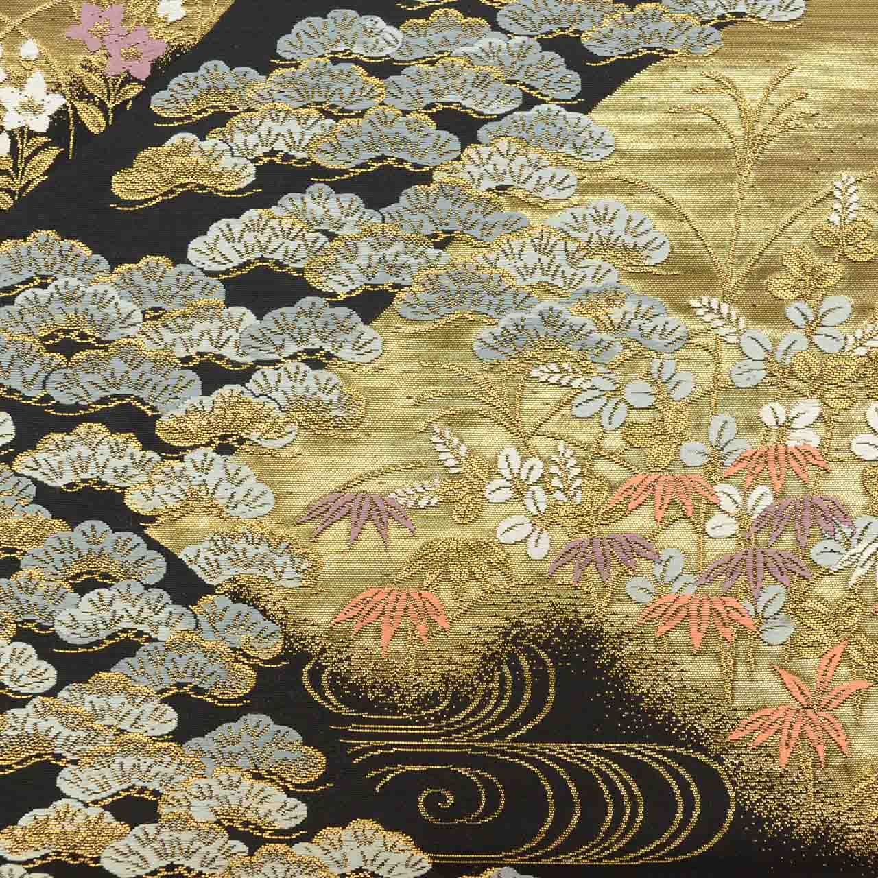 Vintage Japanese Obi | Fukuro Obi | Black Gold Silk | Distant Mountain Pine Pattern | Hikihaku | Formal | Sustainable | uu2753b