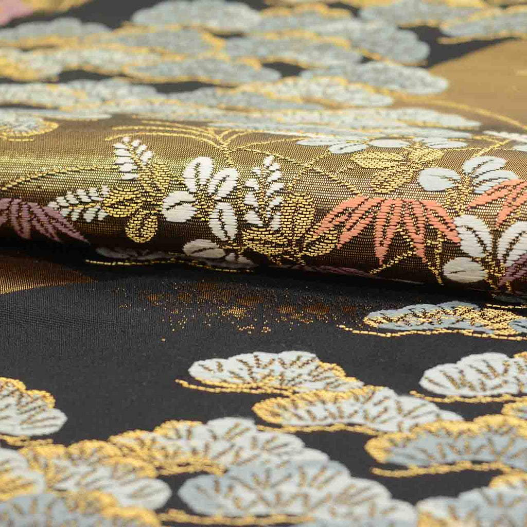 Vintage Japanese Obi | Fukuro Obi | Black Gold Silk | Distant Mountain Pine Pattern | Hikihaku | Formal | Sustainable | uu2753b