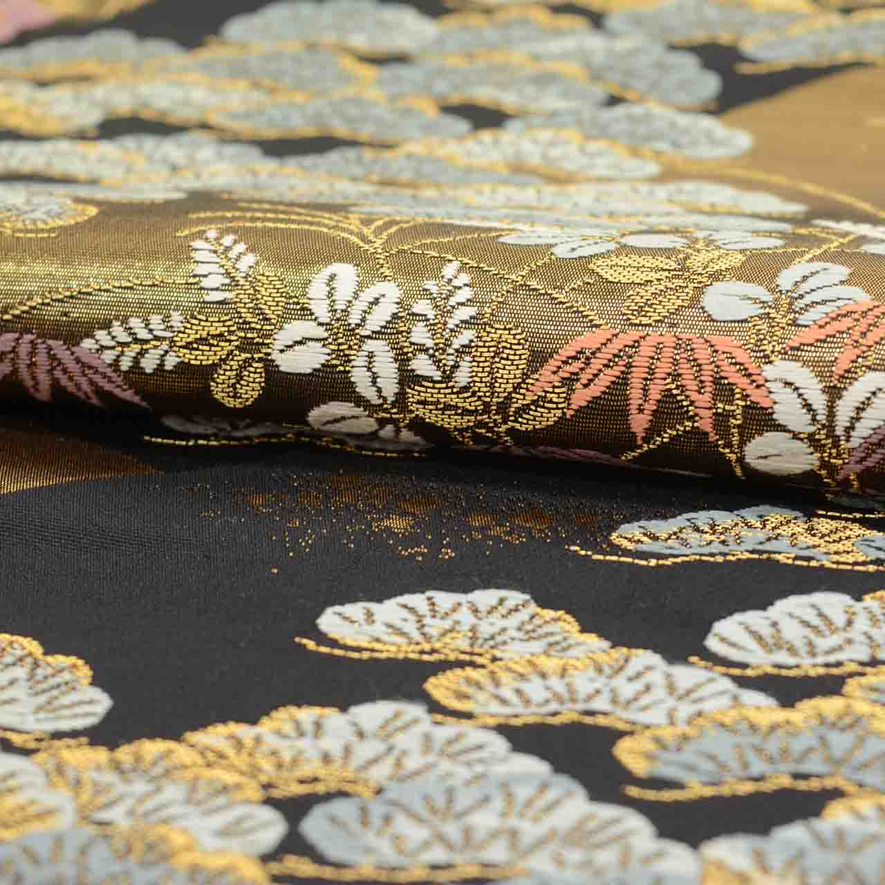 Vintage Japanese Obi | Fukuro Obi | Black Gold Silk | Distant Mountain Pine Pattern | Hikihaku | Formal | Sustainable | uu2753b