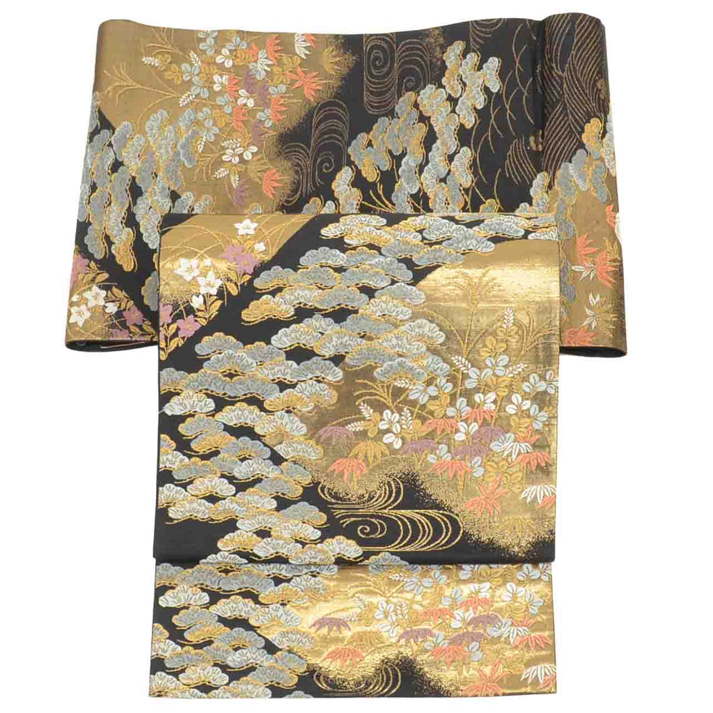 Vintage Japanese Obi | Fukuro Obi | Black Gold Silk | Distant Mountain Pine Pattern | Hikihaku | Formal | Sustainable | uu2753b