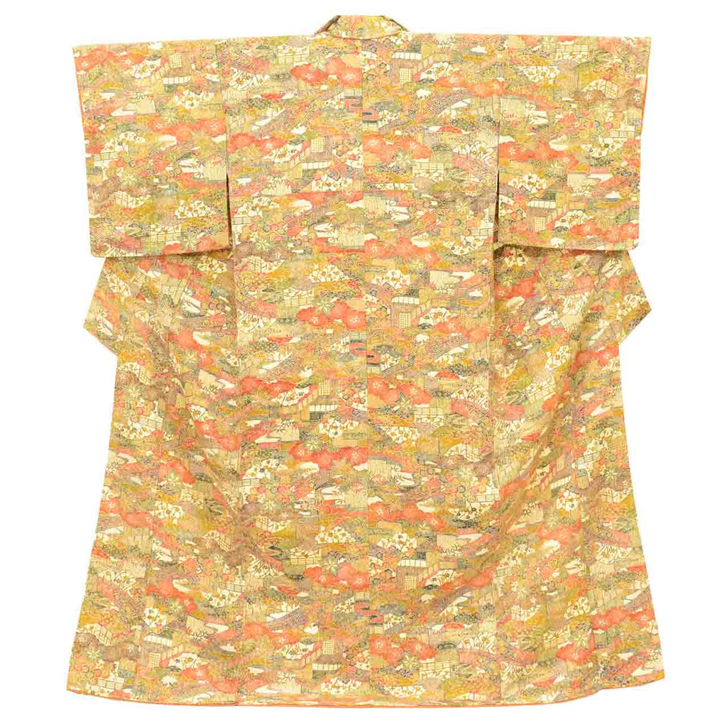[Used] Recycled Kimono, Komon Kimono, Pure Silk, Size L (Slightly Plus Size L), Good Condition, Length 161.0cm (63.4in), Sleeve Length 66.0cm (26.0in), Lined, Ready-made, Unused, Brown, Landscape Pattern, Silk, Reuse uu2755b 