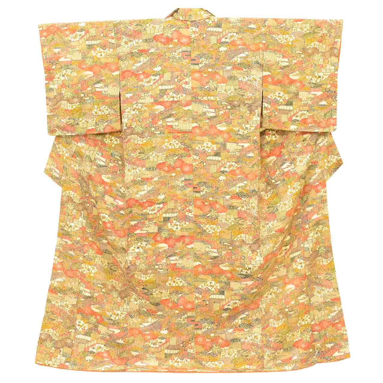 [Used] Recycled Kimono, Komon Kimono, Pure Silk, Size L (Slightly Plus Size L), Good Condition, Length 161.0cm (63.4in), Sleeve Length 66.0cm (26.0in), Lined, Ready-made, Unused, Brown, Landscape Pattern, Silk, Reuse uu2755b 
