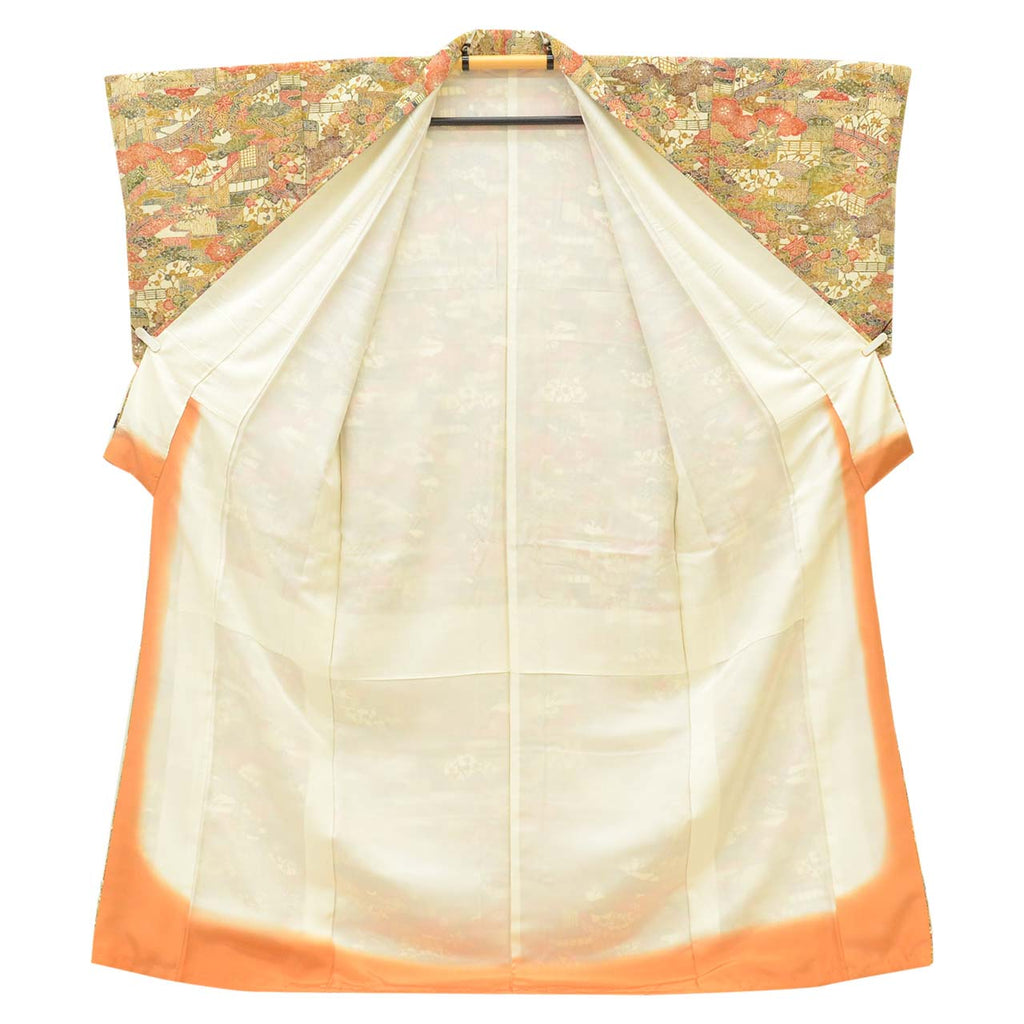 [Used] Recycled Kimono, Komon Kimono, Pure Silk, Size L (Slightly Plus Size L), Good Condition, Length 161.0cm (63.4in), Sleeve Length 66.0cm (26.0in), Lined, Ready-made, Unused, Brown, Landscape Pattern, Silk, Reuse uu2755b 
