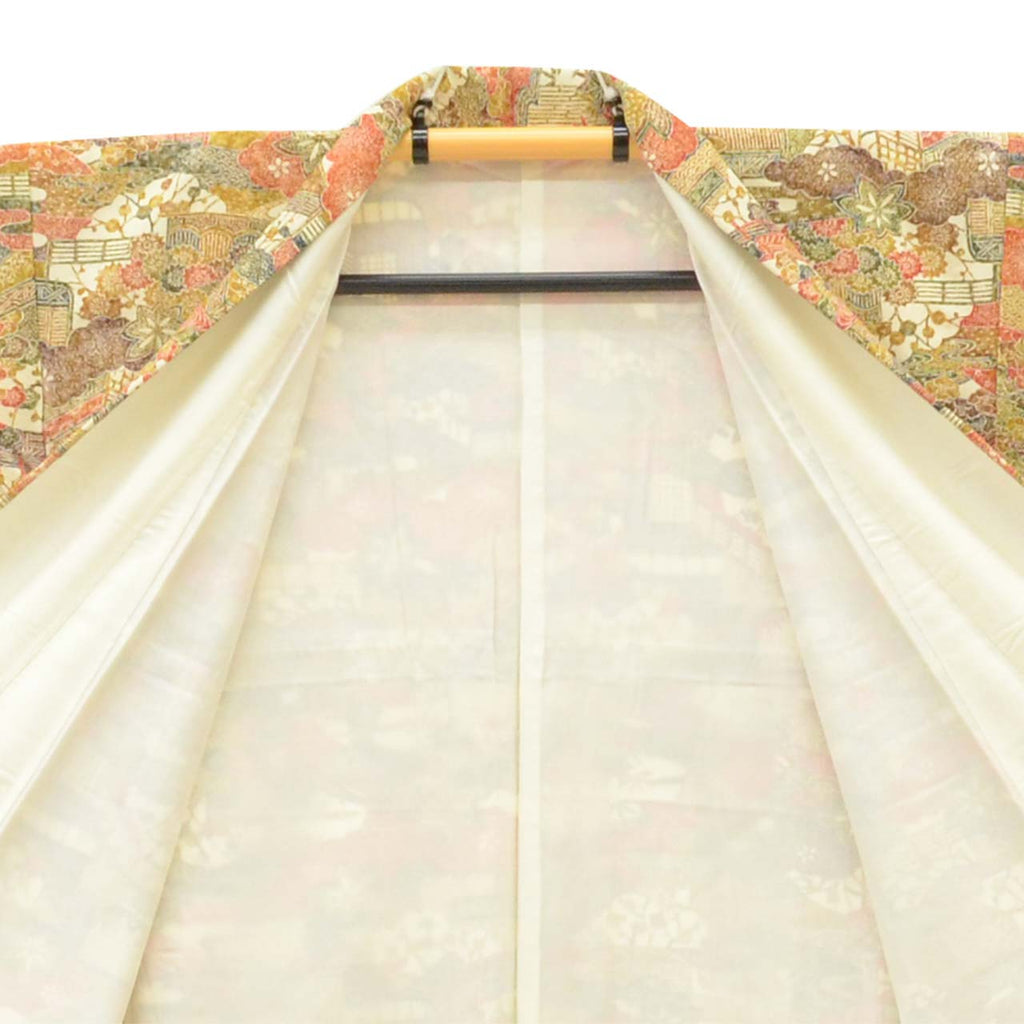 [Used] Recycled Kimono, Komon Kimono, Pure Silk, Size L (Slightly Plus Size L), Good Condition, Length 161.0cm (63.4in), Sleeve Length 66.0cm (26.0in), Lined, Ready-made, Unused, Brown, Landscape Pattern, Silk, Reuse uu2755b 