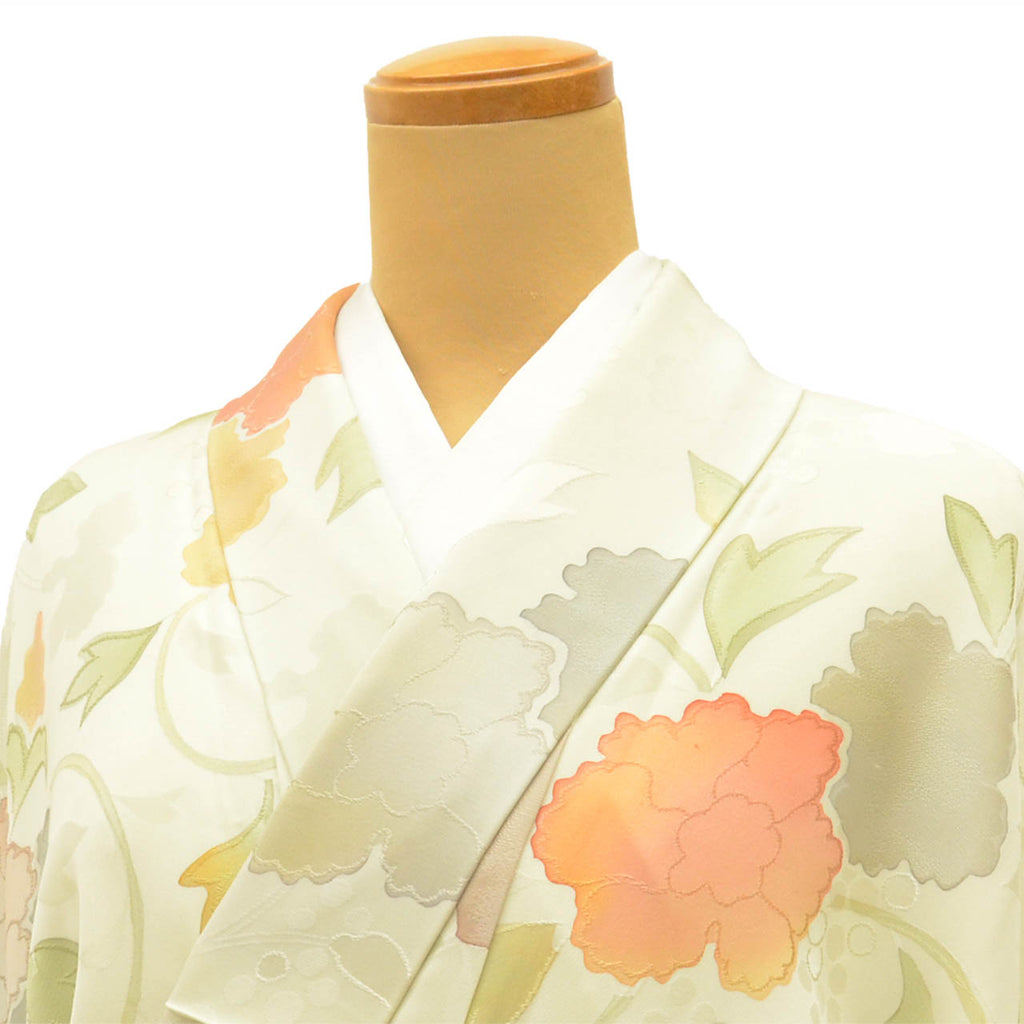[Used] Recycled Kimono, Komon style, Pure Silk, Size M, Good Condition, Length 159.0cm (62.6in), Sleeve Length 64.5cm (25.4in), Lined, Ready-made, Green, Floral Arabesque, Silk, Reused uu2756b 