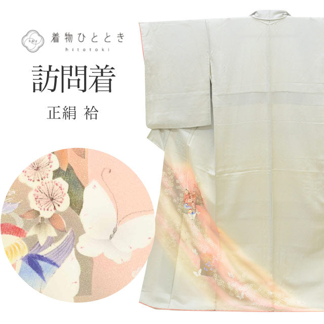 【中古】 リサイクル着物 訪問着 正絹 絹 Lサイズ ちょっとふくよかL 特品 身丈164cm 銀彩 裄丈68cm 袷 仕立て上がり 丹後ちりめん 金彩 グレー 色紙 蝶 鴛鴦 桜 SILK シルク リユース uu2757b