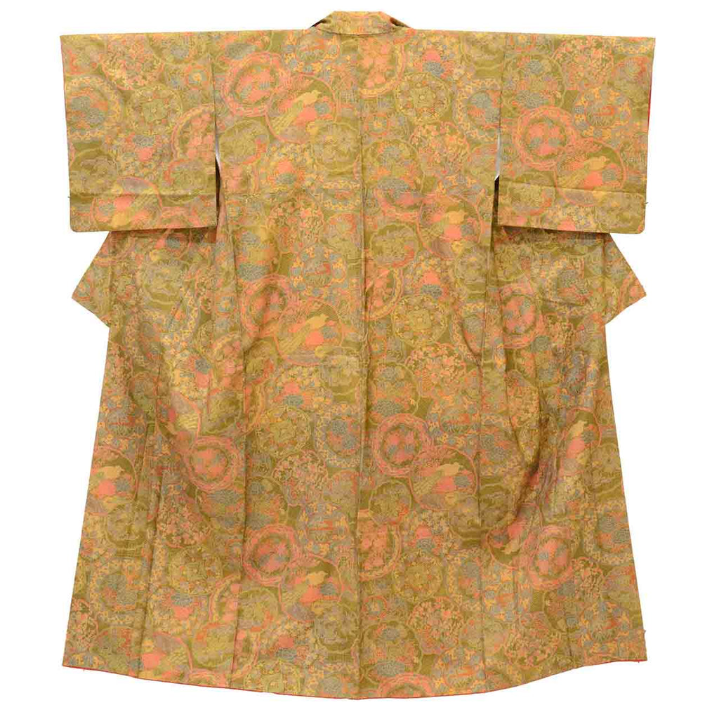 Vintage Japanese Kimono | Oshima Tsumugi | Green Silk | Snow Wheel Floral | After-dyed | Size S-L | Sustainable | uu2760b