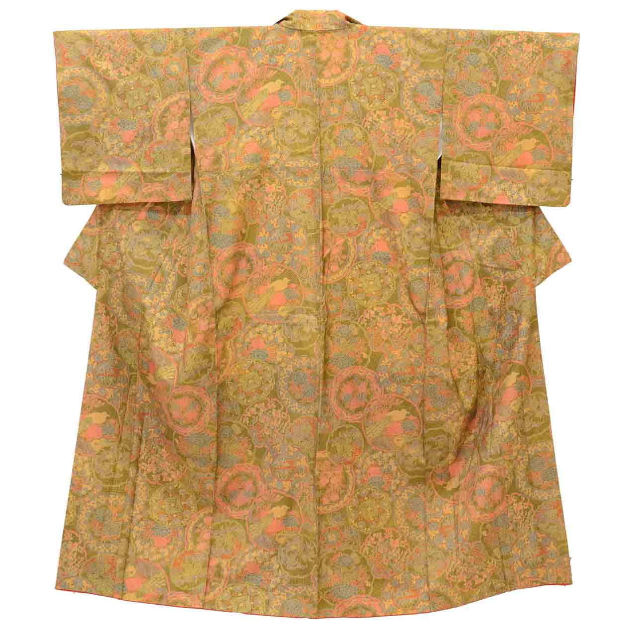 Vintage Japanese Kimono | Oshima Tsumugi | Green Silk | Snow Wheel Floral | After-dyed | Size S-L | Sustainable | uu2760b