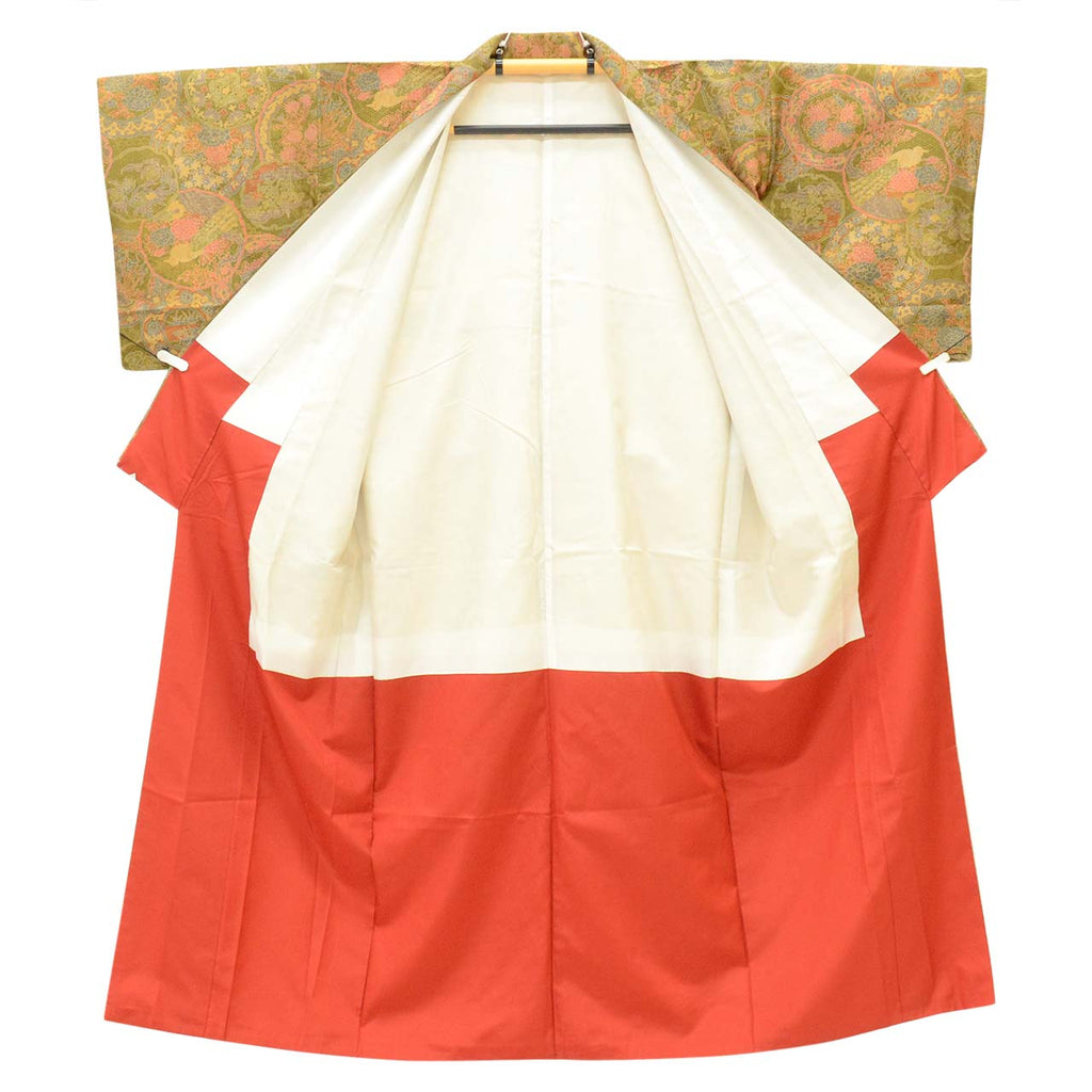 Vintage Japanese Kimono | Oshima Tsumugi | Green Silk | Snow Wheel Floral | After-dyed | Size S-L | Sustainable | uu2760b