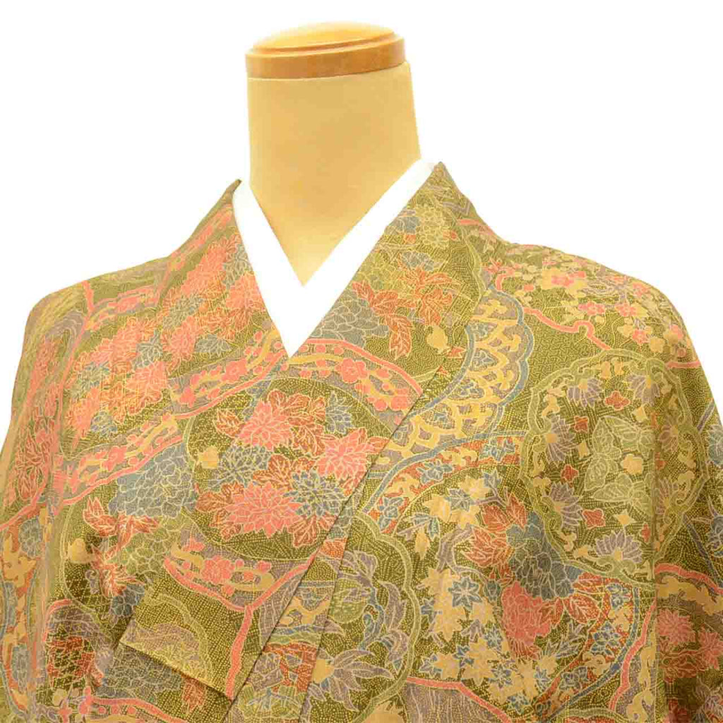 Vintage Japanese Kimono | Oshima Tsumugi | Green Silk | Snow Wheel Floral | After-dyed | Size S-L | Sustainable | uu2760b