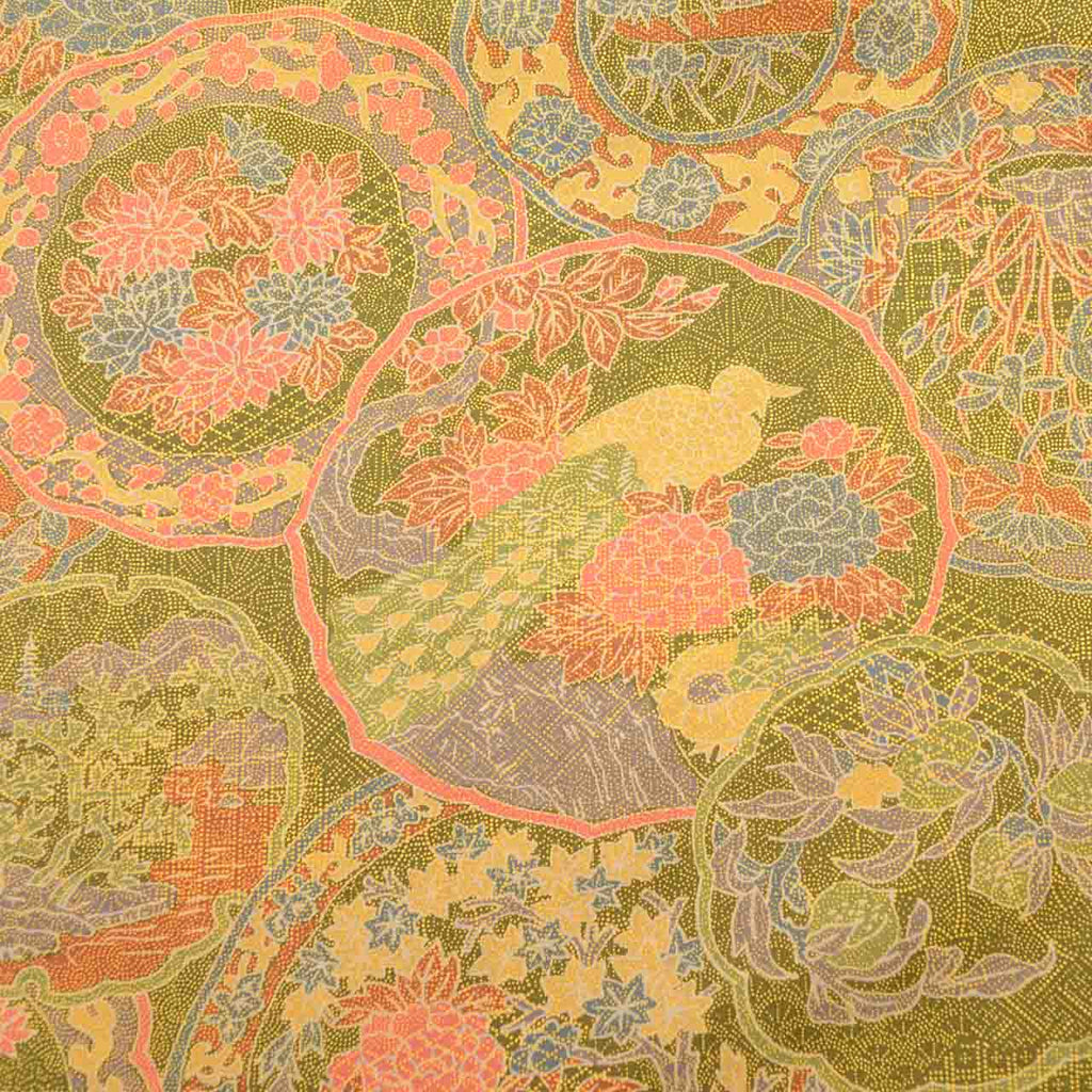 Vintage Japanese Kimono | Oshima Tsumugi | Green Silk | Snow Wheel Floral | After-dyed | Size S-L | Sustainable | uu2760b