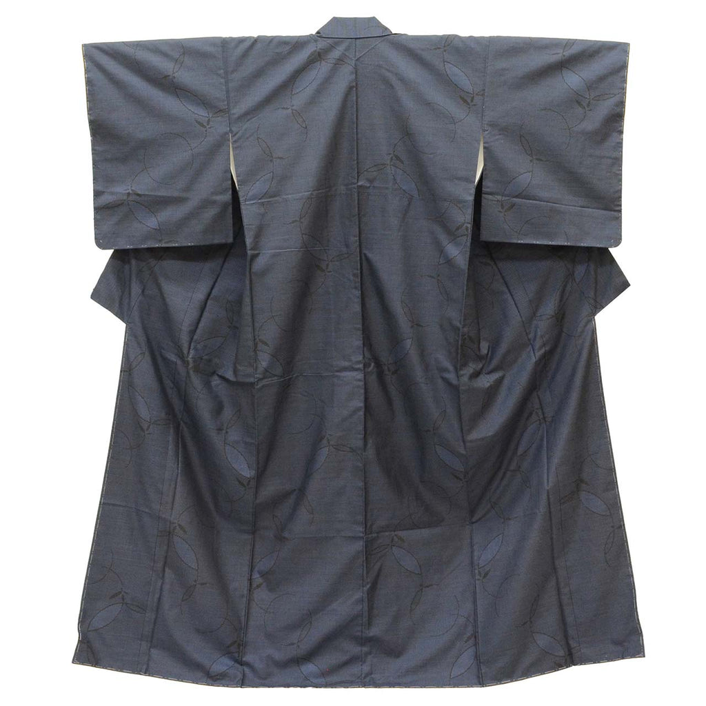Vintage Japanese Kimono | Oshima Tsumugi | Navy Silk | Leaf Pattern | 7-Maruki | Unused | Size M | Sustainable | uu2769b