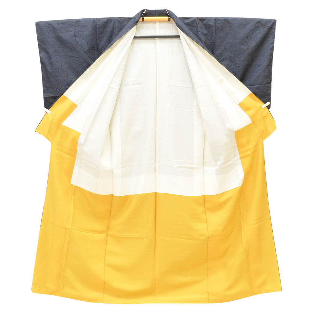 Vintage Japanese Kimono | Oshima Tsumugi | Navy Silk | Leaf Pattern | 7-Maruki | Unused | Size M | Sustainable | uu2769b