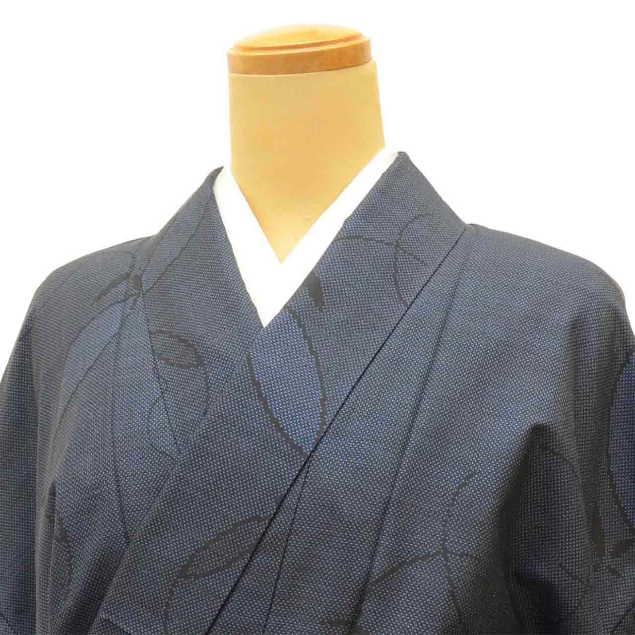 Vintage Japanese Kimono | Oshima Tsumugi | Navy Silk | Leaf Pattern | 7-Maruki | Unused | Size M | Sustainable | uu2769b