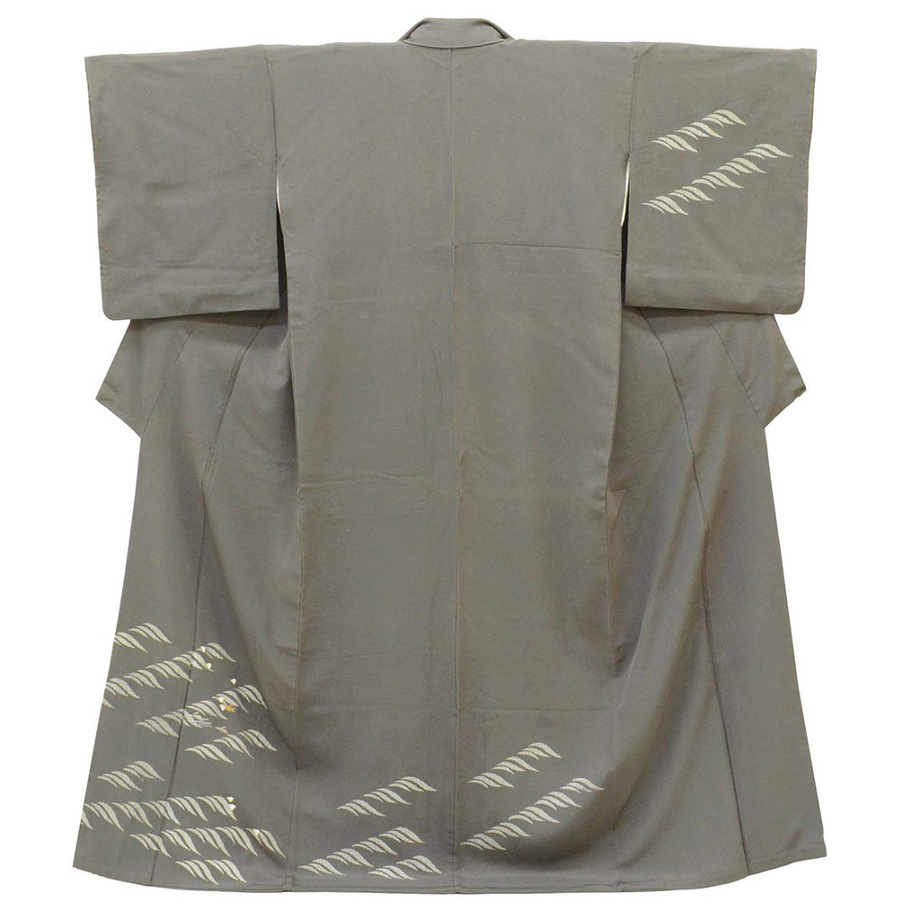 Vintage Japanese Kimono | Tsukesage | Gray Silk | Plover Wave | Gold Thread | Umemi Guard | Size L | Sustainable | uu2776b