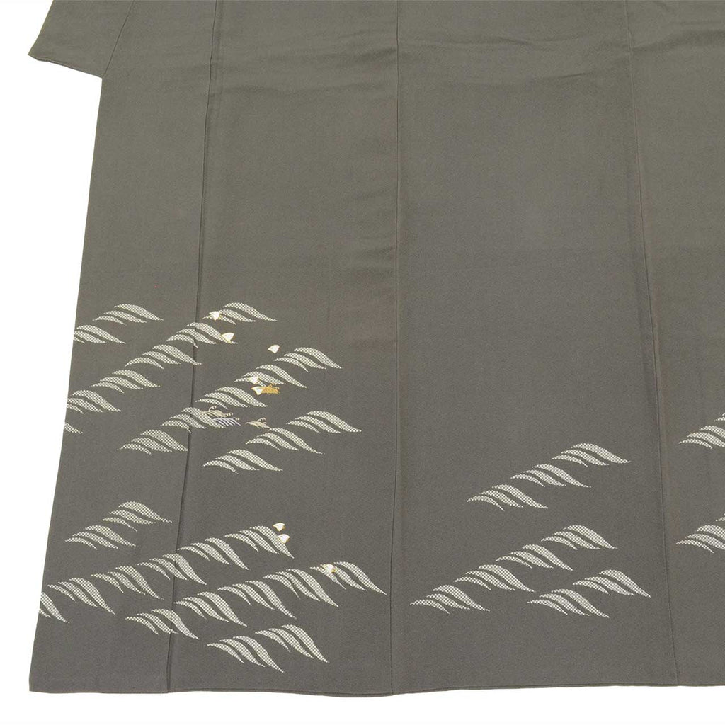 Vintage Japanese Kimono | Tsukesage | Gray Silk | Plover Wave | Gold Thread | Umemi Guard | Size L | Sustainable | uu2776b