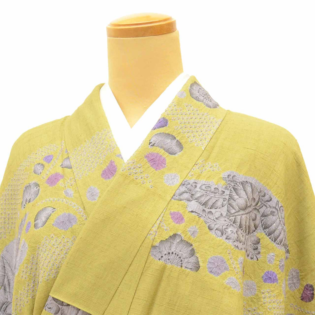 Vintage Japanese Kimono | Tsumugi | Green Silk Shibori | Heian Court Pattern | Tall Size LL | Sustainable | uu2777b