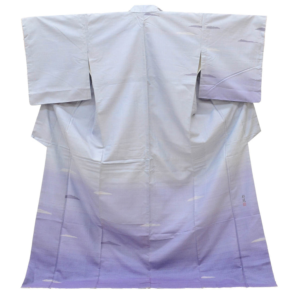 Vintage Japanese Kimono | Tsumugi | Blue Silk | Distant Mountain Houmongi-style | One Crest | Unused | Tall Size LL | Sustainable | uu2778b