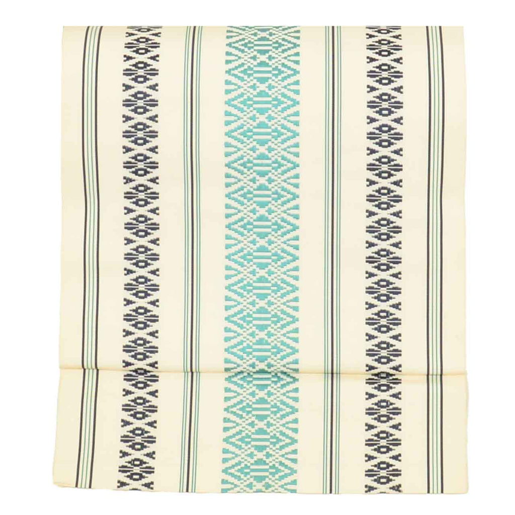 Vintage Japanese Obi | Nagoya Obi | White Blue Silk | Hakata献上 Pattern | Hakata-ori | Sustainable | uu2785b