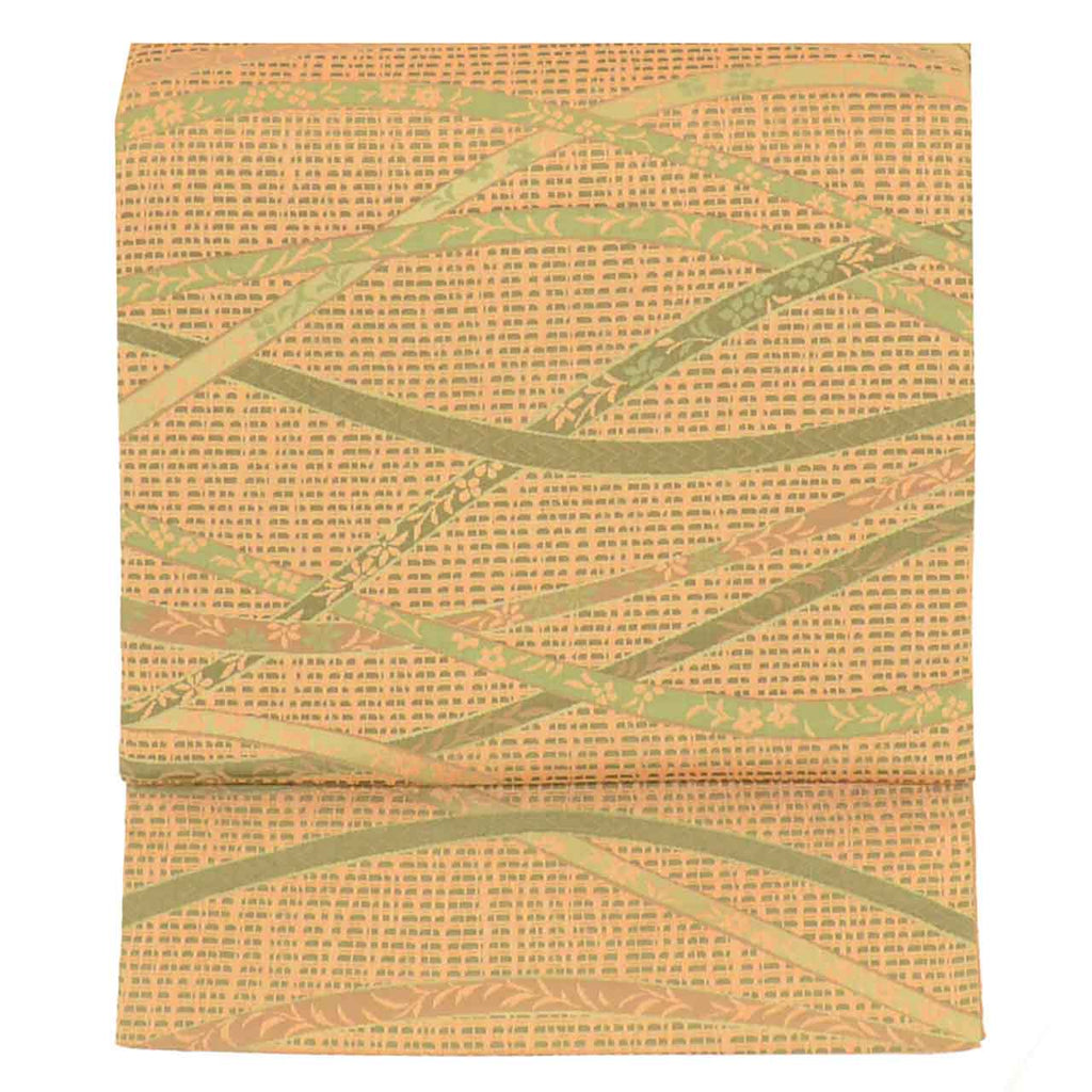 Vintage Japanese Obi | Sha-re Fukuro Obi | Tan Green Nishijin Silk | Lattice Botanical | Certified | Sustainable | Sustainable | uu2786b