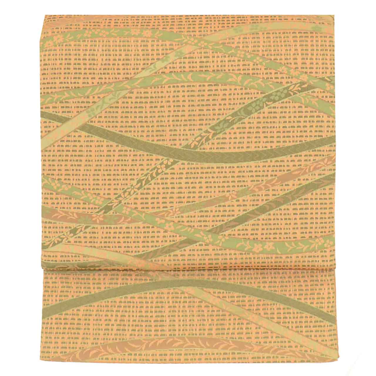 Vintage Japanese Obi | Sha-re Fukuro Obi | Tan Green Nishijin Silk | Lattice Botanical | Certified | Sustainable | Sustainable | uu2786b