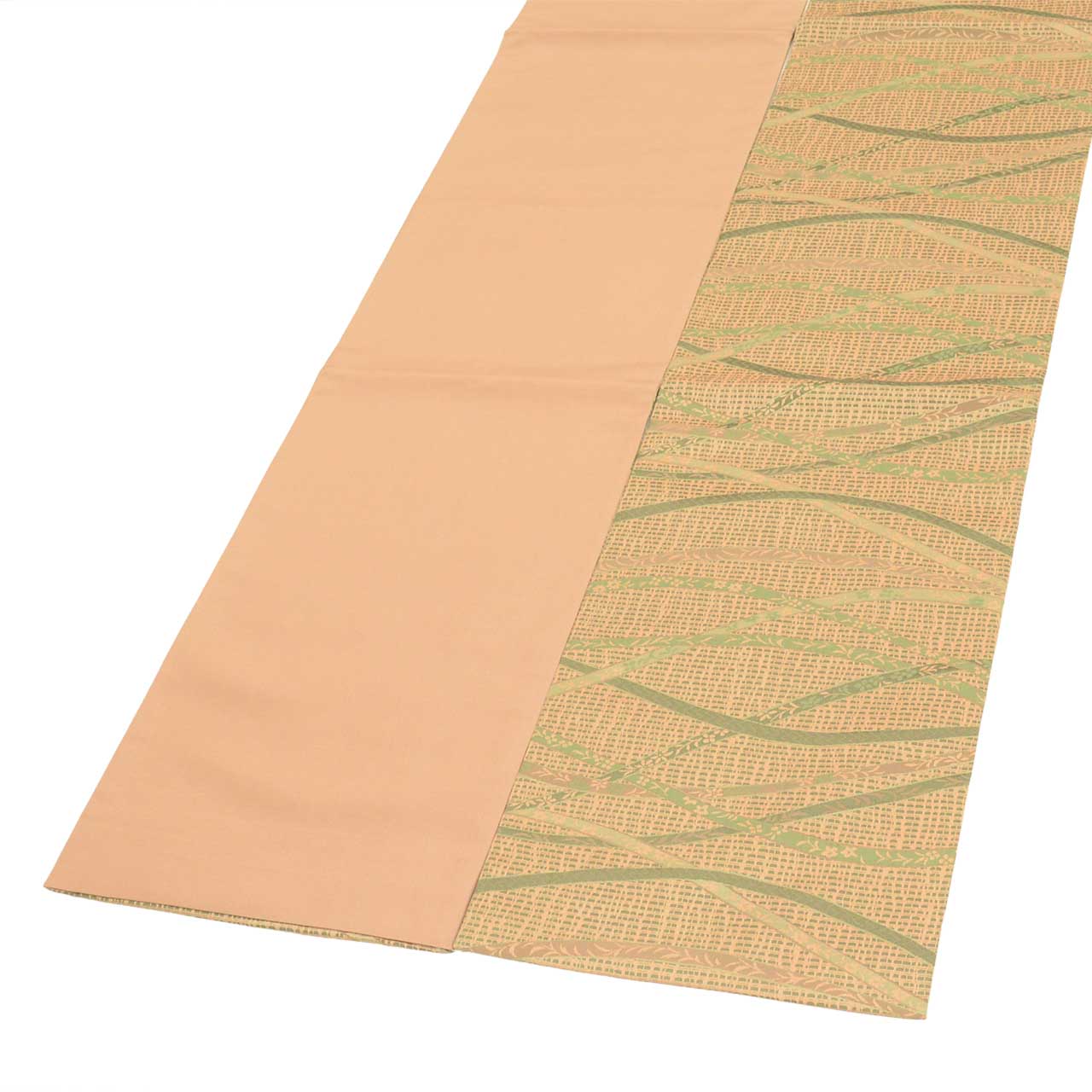 Vintage Japanese Obi | Sha-re Fukuro Obi | Tan Green Nishijin Silk | Lattice Botanical | Certified | Sustainable | Sustainable | uu2786b