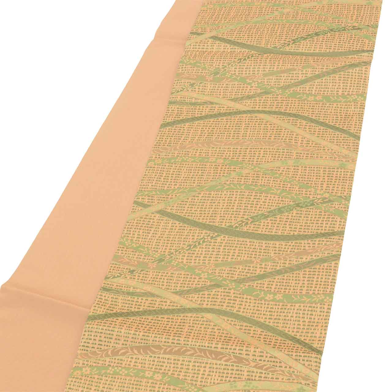 Vintage Japanese Obi | Sha-re Fukuro Obi | Tan Green Nishijin Silk | Lattice Botanical | Certified | Sustainable | Sustainable | uu2786b