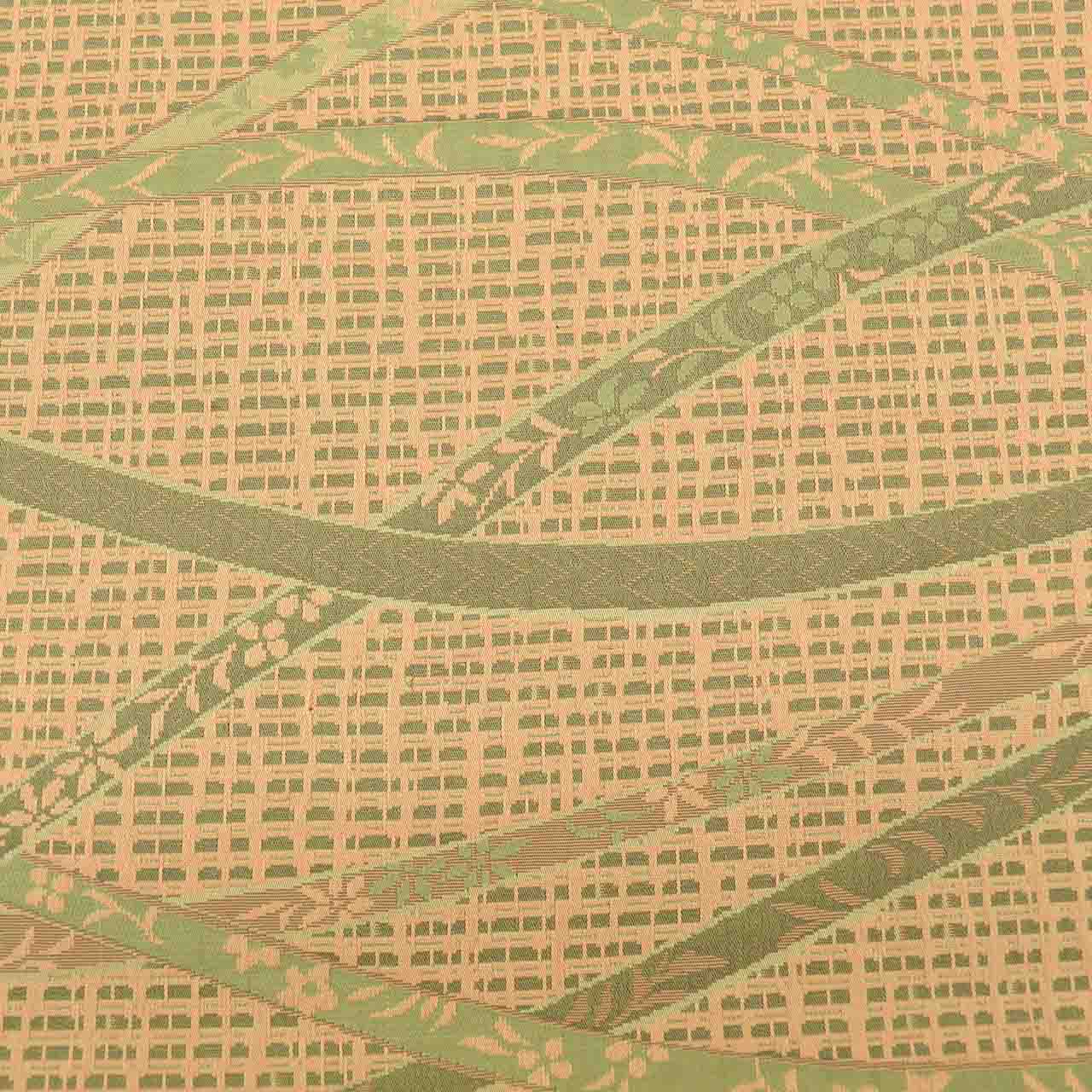 Vintage Japanese Obi | Sha-re Fukuro Obi | Tan Green Nishijin Silk | Lattice Botanical | Certified | Sustainable | Sustainable | uu2786b