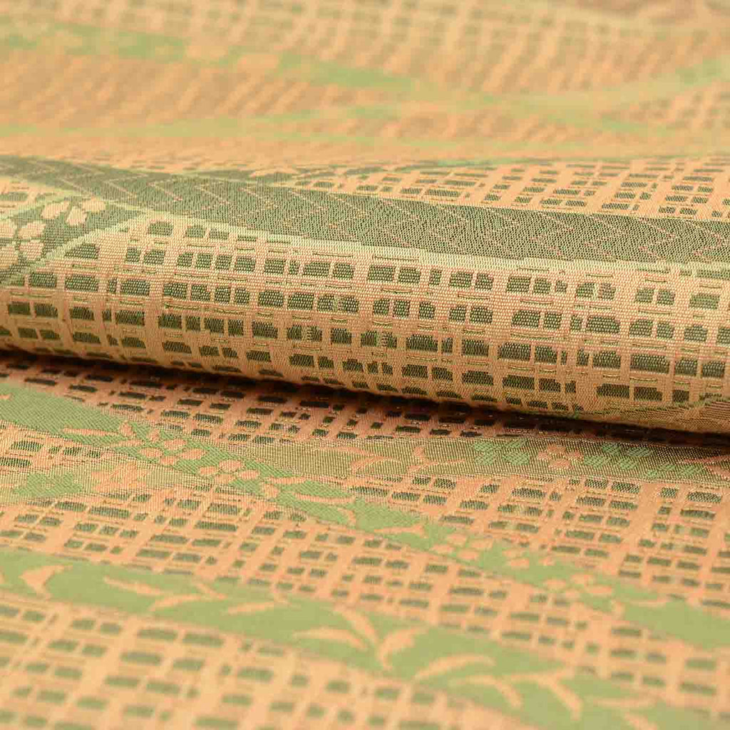 Vintage Japanese Obi | Sha-re Fukuro Obi | Tan Green Nishijin Silk | Lattice Botanical | Certified | Sustainable | Sustainable | uu2786b