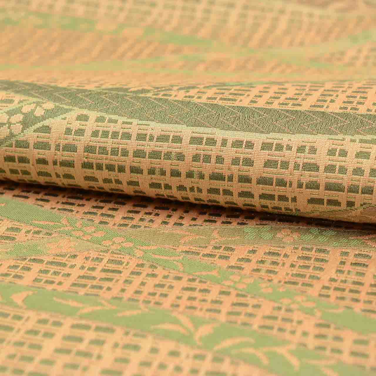 Vintage Japanese Obi | Sha-re Fukuro Obi | Tan Green Nishijin Silk | Lattice Botanical | Certified | Sustainable | Sustainable | uu2786b