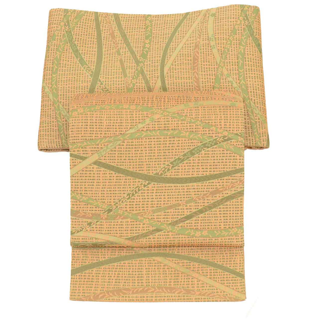 Vintage Japanese Obi | Sha-re Fukuro Obi | Tan Green Nishijin Silk | Lattice Botanical | Certified | Sustainable | Sustainable | uu2786b