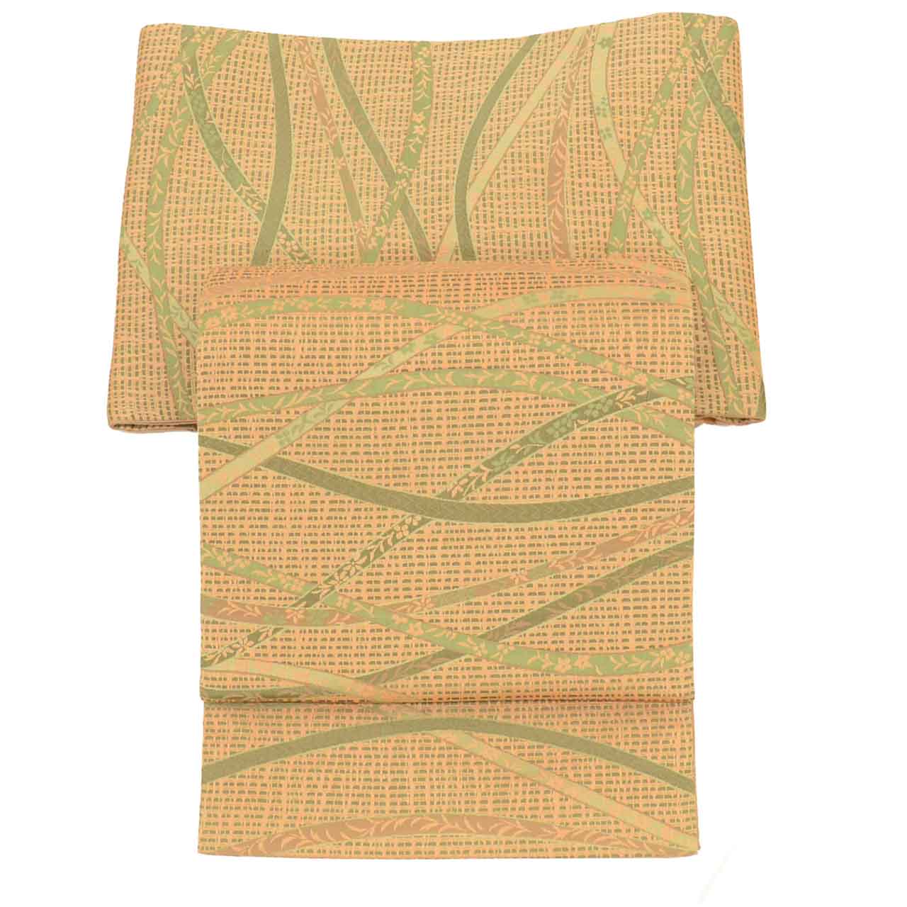 Vintage Japanese Obi | Sha-re Fukuro Obi | Tan Green Nishijin Silk | Lattice Botanical | Certified | Sustainable | Sustainable | uu2786b