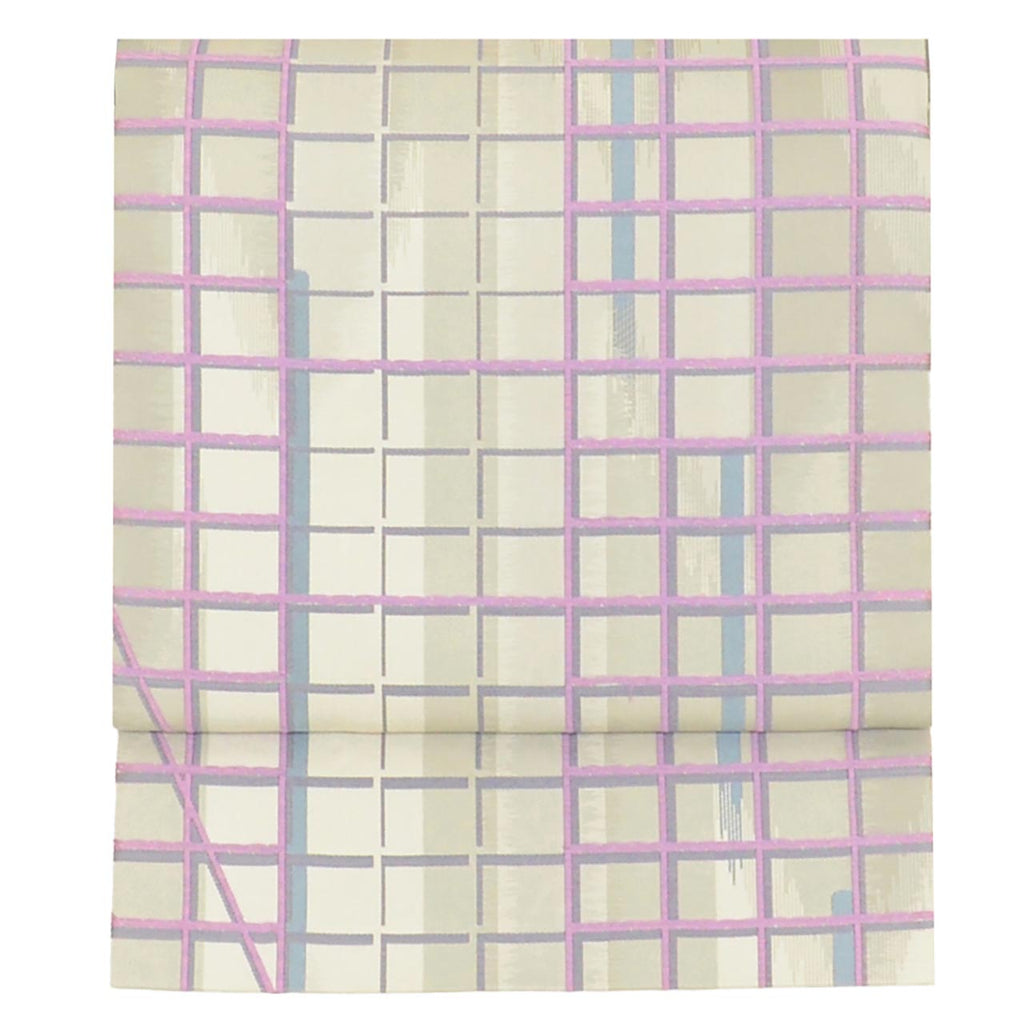Vintage Japanese Obi | Sha-re Fukuro Obi | Gray Purple Nishijin Silk | Lattice | Obikosha | Semi-formal | Sustainable | uu2787b
