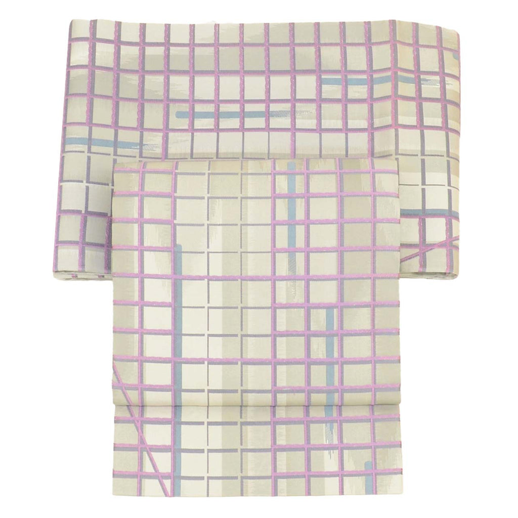Vintage Japanese Obi | Sha-re Fukuro Obi | Gray Purple Nishijin Silk | Lattice | Obikosha | Semi-formal | Sustainable | uu2787b