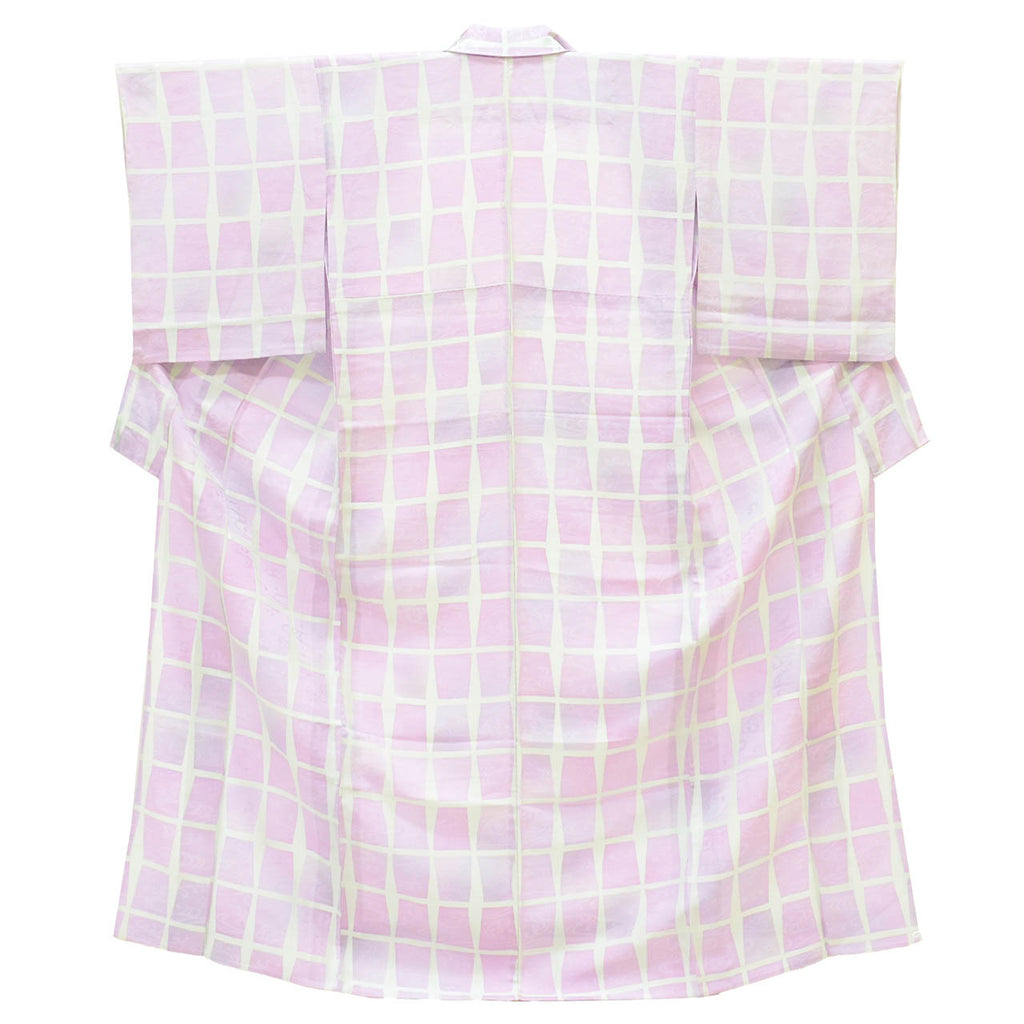 [Used] Recycled Kimono, Komon Kimono, Pure Silk, Size M, Excellent Condition, Length 158.5cm (62.4in), Sleeve Length 62.8cm (24.7in), Unlined, Ready-made, Purple, Checkered Pattern, Flowing Water, Silk, Reuse uu2791b 