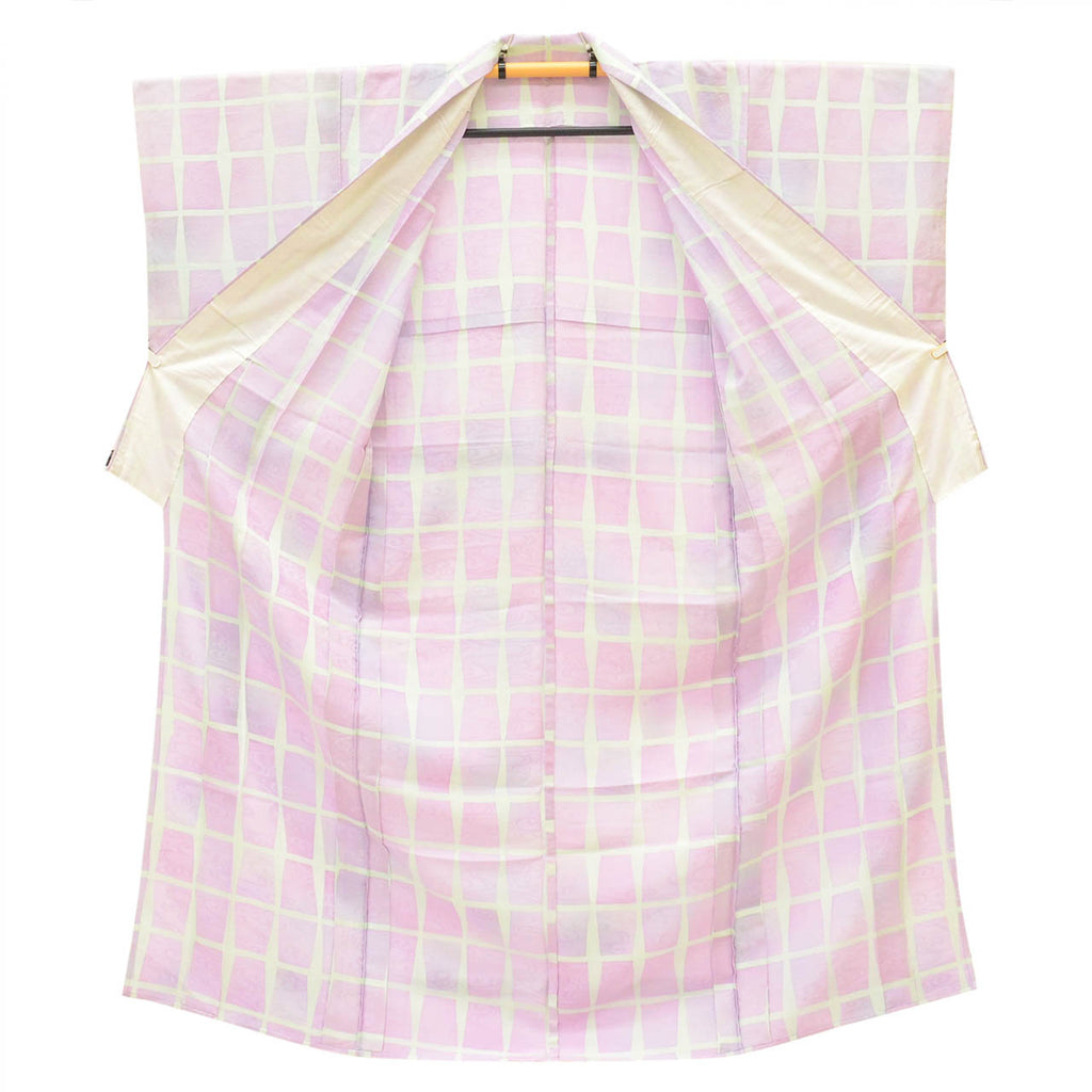 [Used] Recycled Kimono, Komon Kimono, Pure Silk, Size M, Excellent Condition, Length 158.5cm (62.4in), Sleeve Length 62.8cm (24.7in), Unlined, Ready-made, Purple, Checkered Pattern, Flowing Water, Silk, Reuse uu2791b 