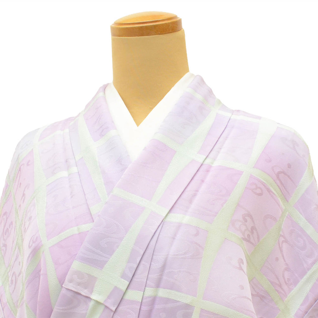 [Used] Recycled Kimono, Komon Kimono, Pure Silk, Size M, Excellent Condition, Length 158.5cm (62.4in), Sleeve Length 62.8cm (24.7in), Unlined, Ready-made, Purple, Checkered Pattern, Flowing Water, Silk, Reuse uu2791b 