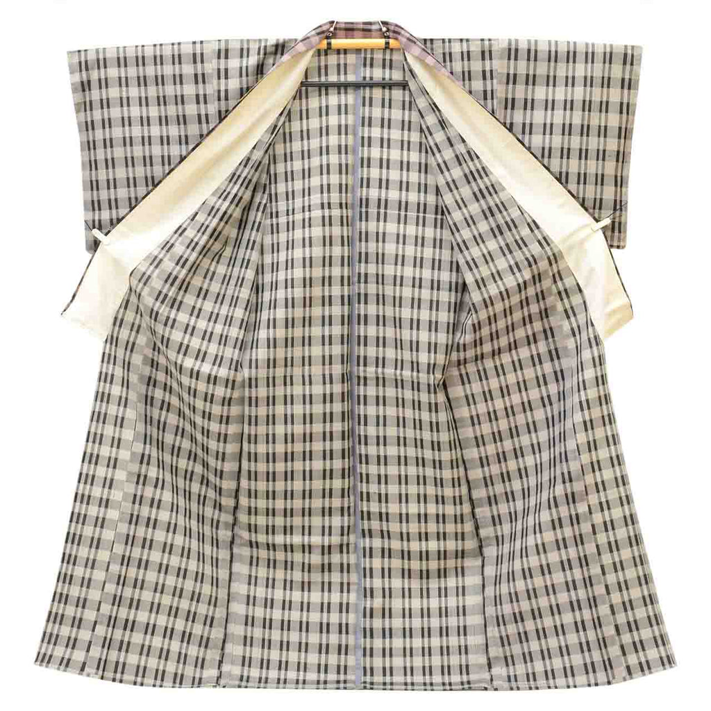 Vintage Japanese Kimono | Tsumugi | Gray Silk | Lattice Pattern | Unused | Unlined | Size L | Sustainable | Sustainable | uu2797b