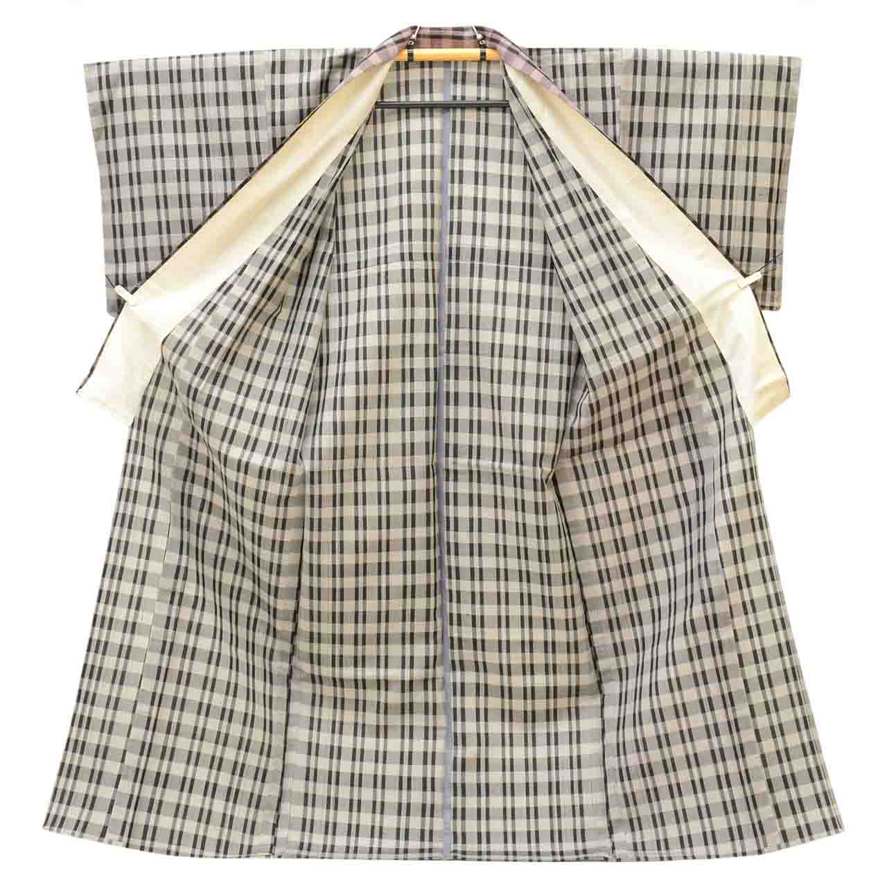 Vintage Japanese Kimono | Tsumugi | Gray Silk | Lattice Pattern | Unused | Unlined | Size L | Sustainable | Sustainable | uu2797b