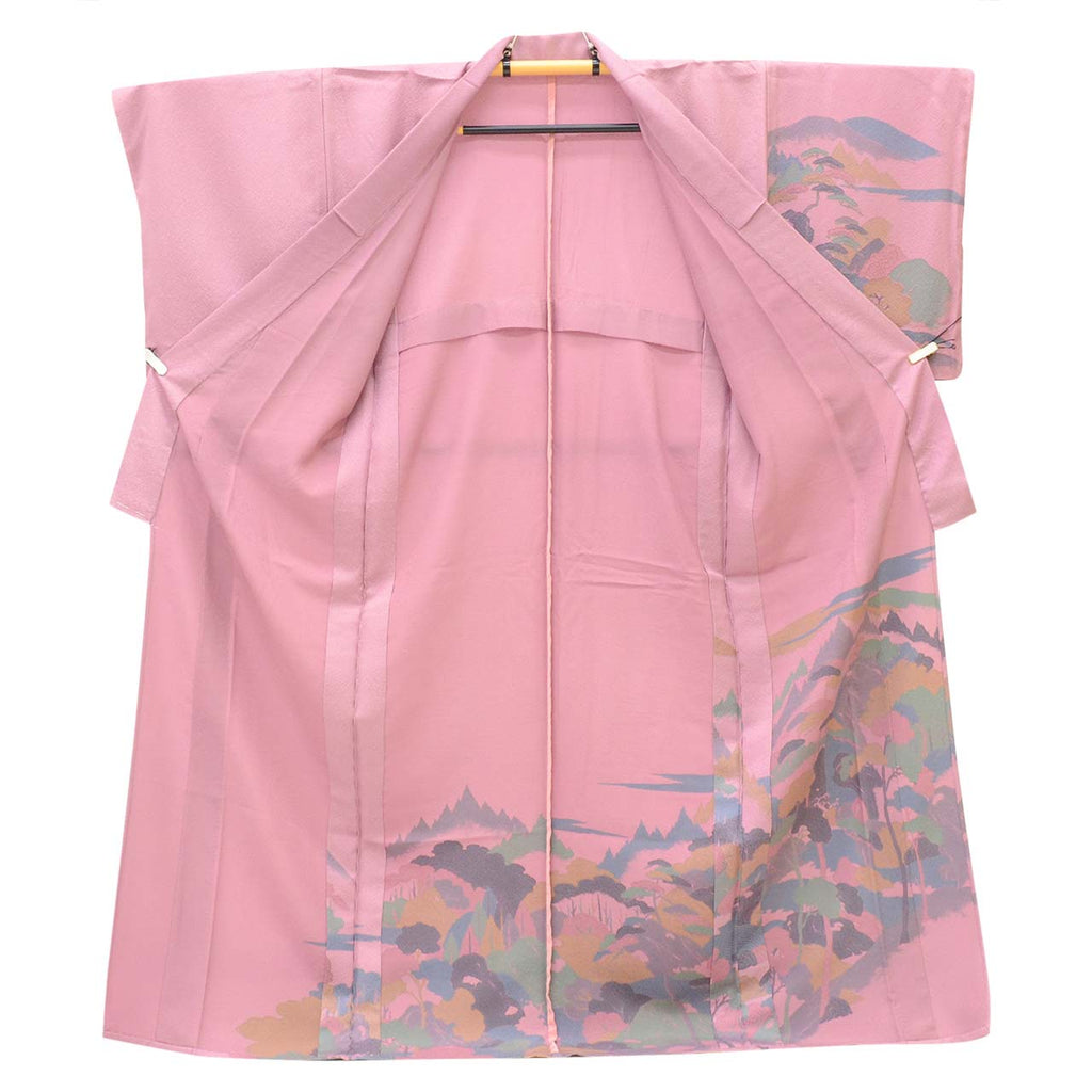 [Used] Recycled Kimono, Visiting Kimono, Pure Silk, Size L (Slightly Plus Size L), Excellent Condition, Length 164.0cm (64.6in), Sleeve Length 66.5cm (26.2in), Unlined, Ready-made, Purple Landscape Pattern, Reused uu2803b 