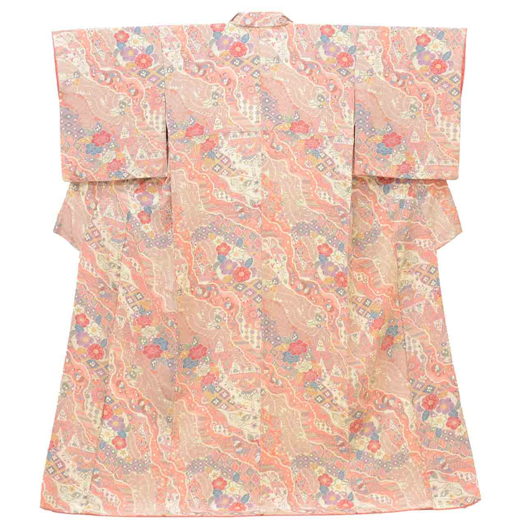 [Used] Recycled Kimono, Komon style, Pure Silk, Size L, Good Condition, Length 161.5cm (63.6in), Sleeve Length 65.0cm (25.6in), Lined, Ready-made, Pink, Floral, Silk, Reused uu2804b 