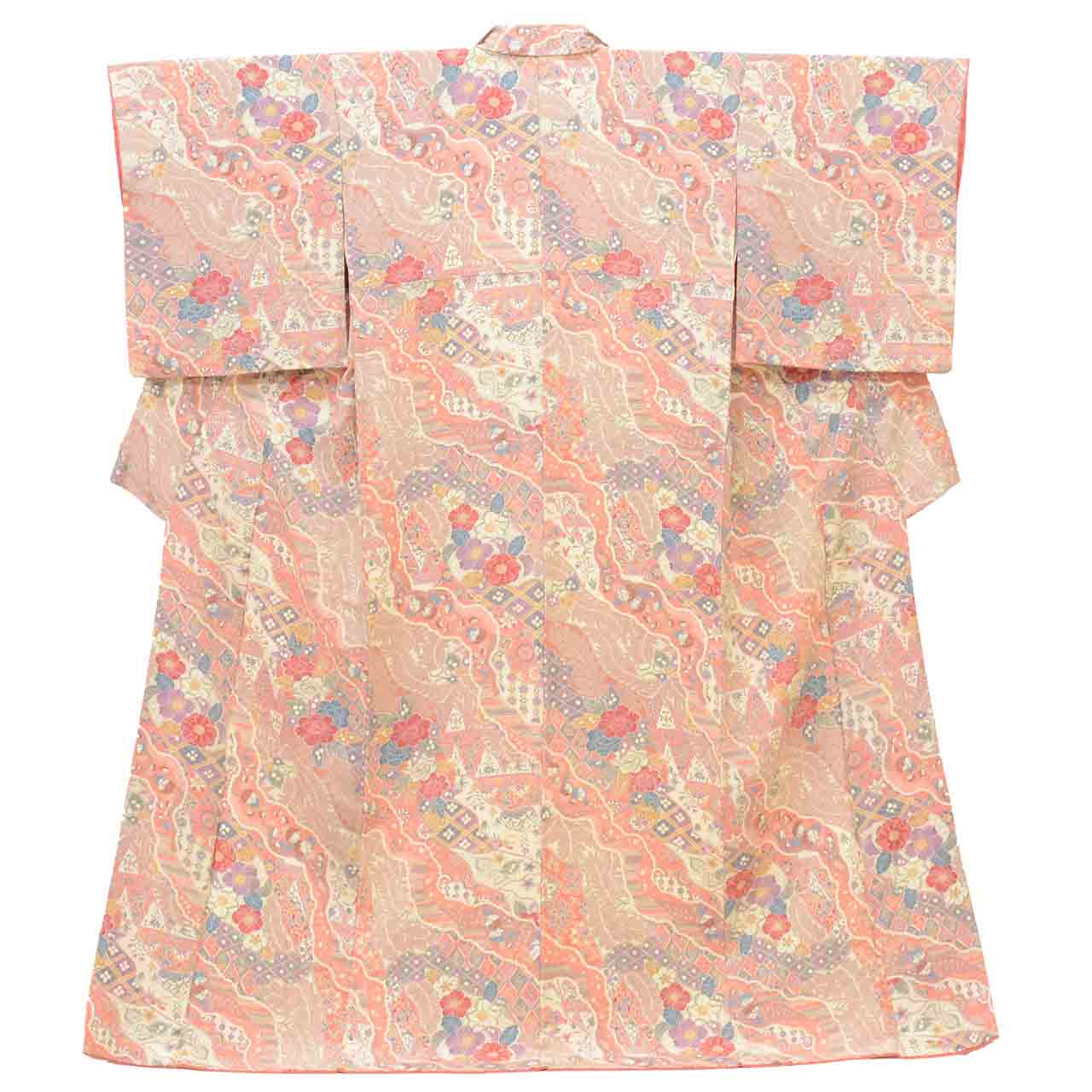 [Used] Recycled Kimono, Komon style, Pure Silk, Size L, Good Condition, Length 161.5cm (63.6in), Sleeve Length 65.0cm (25.6in), Lined, Ready-made, Pink, Floral, Silk, Reused uu2804b 