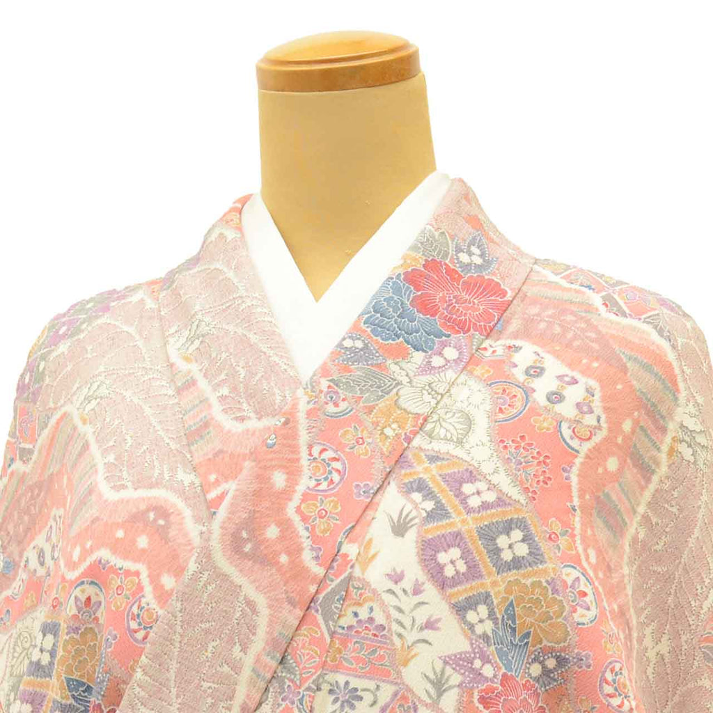 [Used] Recycled Kimono, Komon style, Pure Silk, Size L, Good Condition, Length 161.5cm (63.6in), Sleeve Length 65.0cm (25.6in), Lined, Ready-made, Pink, Floral, Silk, Reused uu2804b 