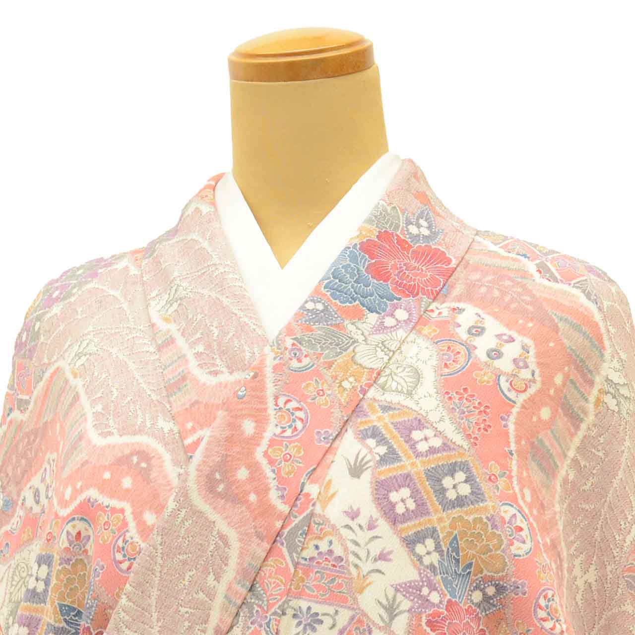 [Used] Recycled Kimono, Komon style, Pure Silk, Size L, Good Condition, Length 161.5cm (63.6in), Sleeve Length 65.0cm (25.6in), Lined, Ready-made, Pink, Floral, Silk, Reused uu2804b 