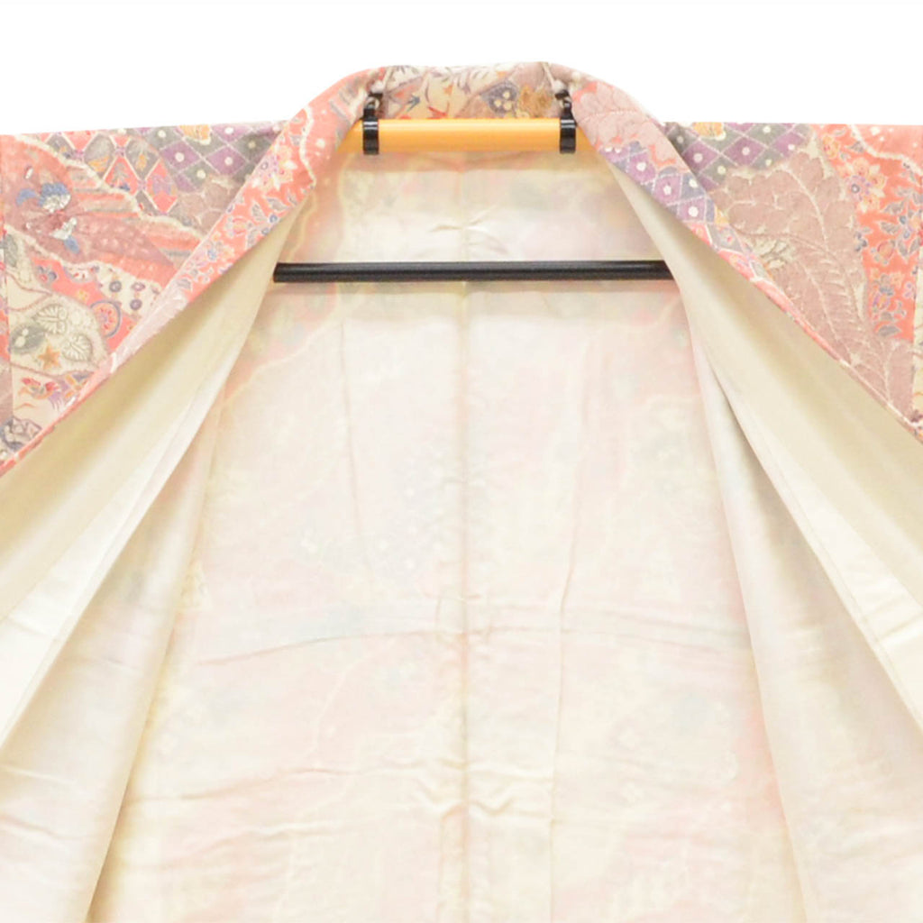 [Used] Recycled Kimono, Komon style, Pure Silk, Size L, Good Condition, Length 161.5cm (63.6in), Sleeve Length 65.0cm (25.6in), Lined, Ready-made, Pink, Floral, Silk, Reused uu2804b 