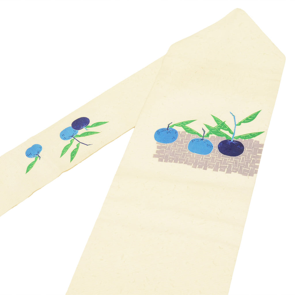 Vintage Japanese Obi | Nagoya Obi | White Silk Tsumugi | Fruit Pattern | Casual | Sustainable | Sustainable | uu2810b