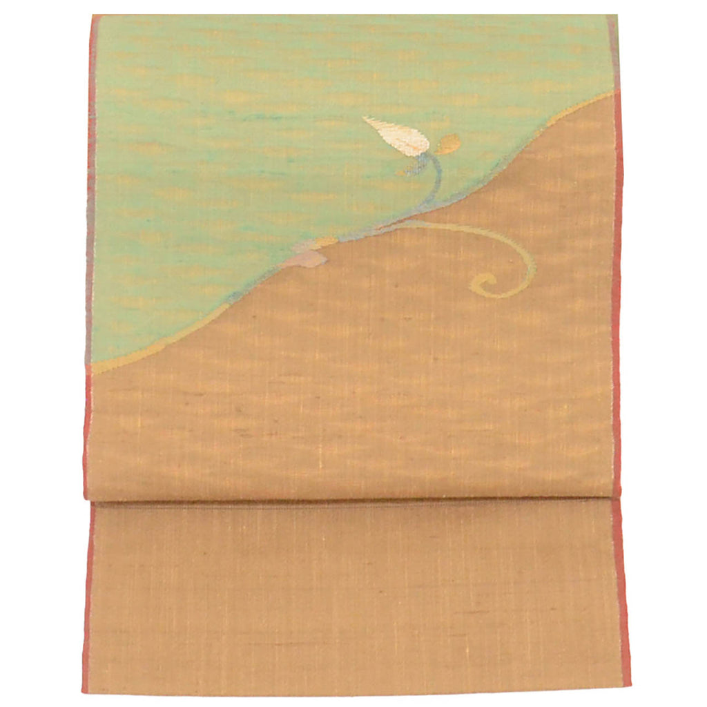 Vintage Japanese Obi | Sha-re Fukuro Obi | Brown Green Silk Tsumugi | Botanical | Excellent | Sustainable | Sustainable | uu2811b