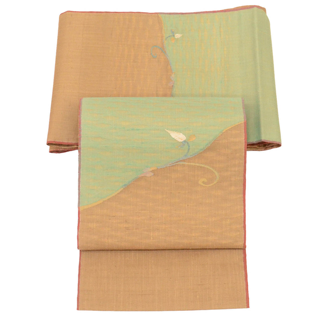 Vintage Japanese Obi | Sha-re Fukuro Obi | Brown Green Silk Tsumugi | Botanical | Excellent | Sustainable | Sustainable | uu2811b